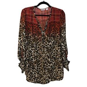 Cato Women’s Large Leopard Plaid Mixed Print Tunic Blouse Roll Tab Sleeve Sheer